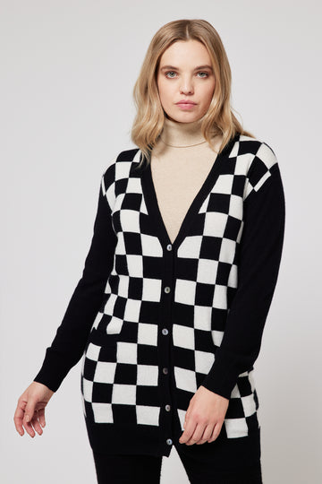 Chessboard Chic Cardigan - Black & White