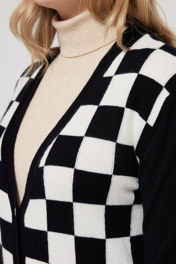 Chessboard Chic Cardigan - Black & White