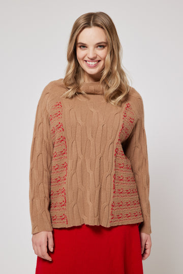 Hi-Neck Sweater - Camel & Red