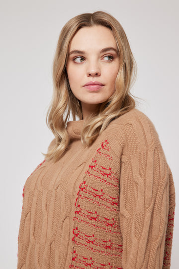 Hi-Neck Sweater - Camel & Red