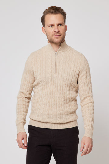 Cashmere Cable Knit Quarter Zip Jumper - Cream