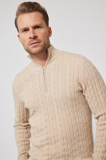 Cashmere Cable Knit Quarter Zip Jumper - Cream