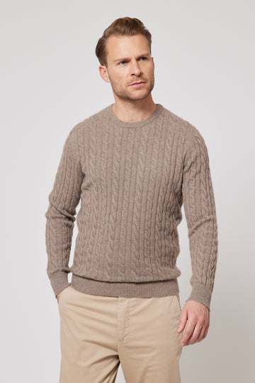 Cashmere Cable Knit Crew Neck Jumper - Camel