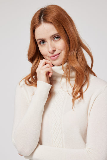 Cashmere Cable Knit Detail Roll Neck Jumper - White