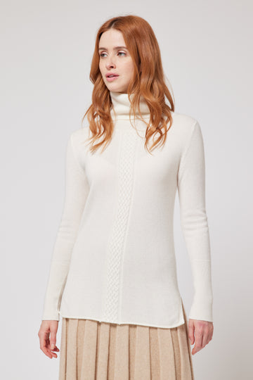 Cashmere Cable Knit Detail Roll Neck Jumper - White