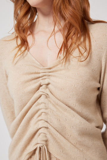 Cashmere Gathered V-Neck Top - Cream