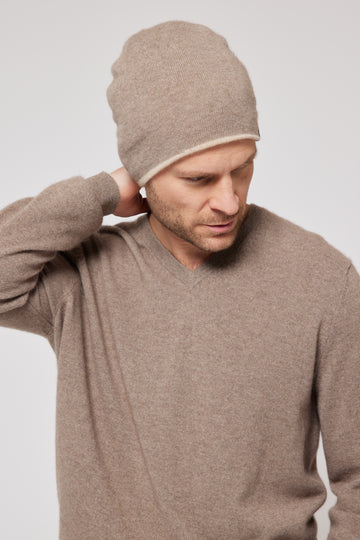 Cashmere Reversible Beanie - Cream & Camel