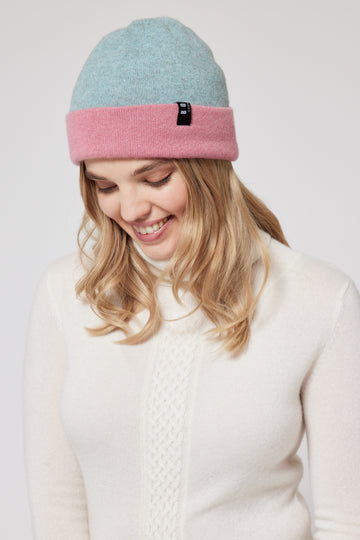Cashmere Reversible Beanie - Pink & Turquoise