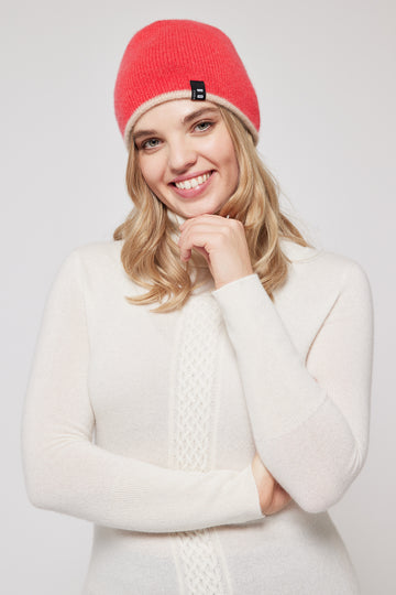 Cashmere Contrast Beanie - Red & Cream