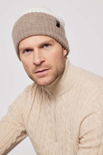 Cashmere Multi Striped Beanie - Cream & Camel