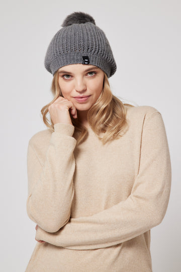 Cashmere Pom-Pom Beanie - Grey