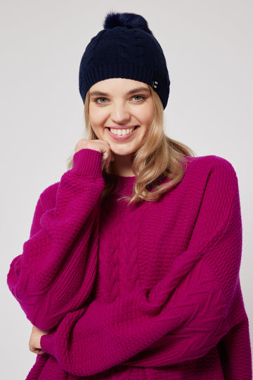 Cashmere Cable Knit Pom-Pom Beanie - Navy