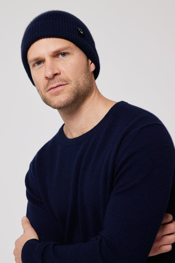 Cashmere Fitted Ribbed Beanie - Navy