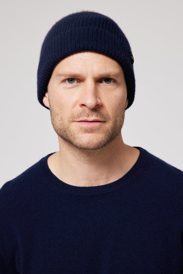 Cashmere Fitted Ribbed Beanie - Navy