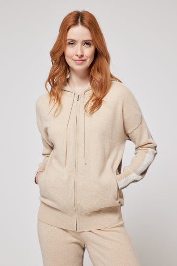 Cashmere Zip Hoodie - Cream & Camel